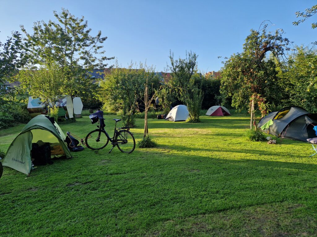 Tentenweide in de zomer met opgestelde tenten De Mulkerij