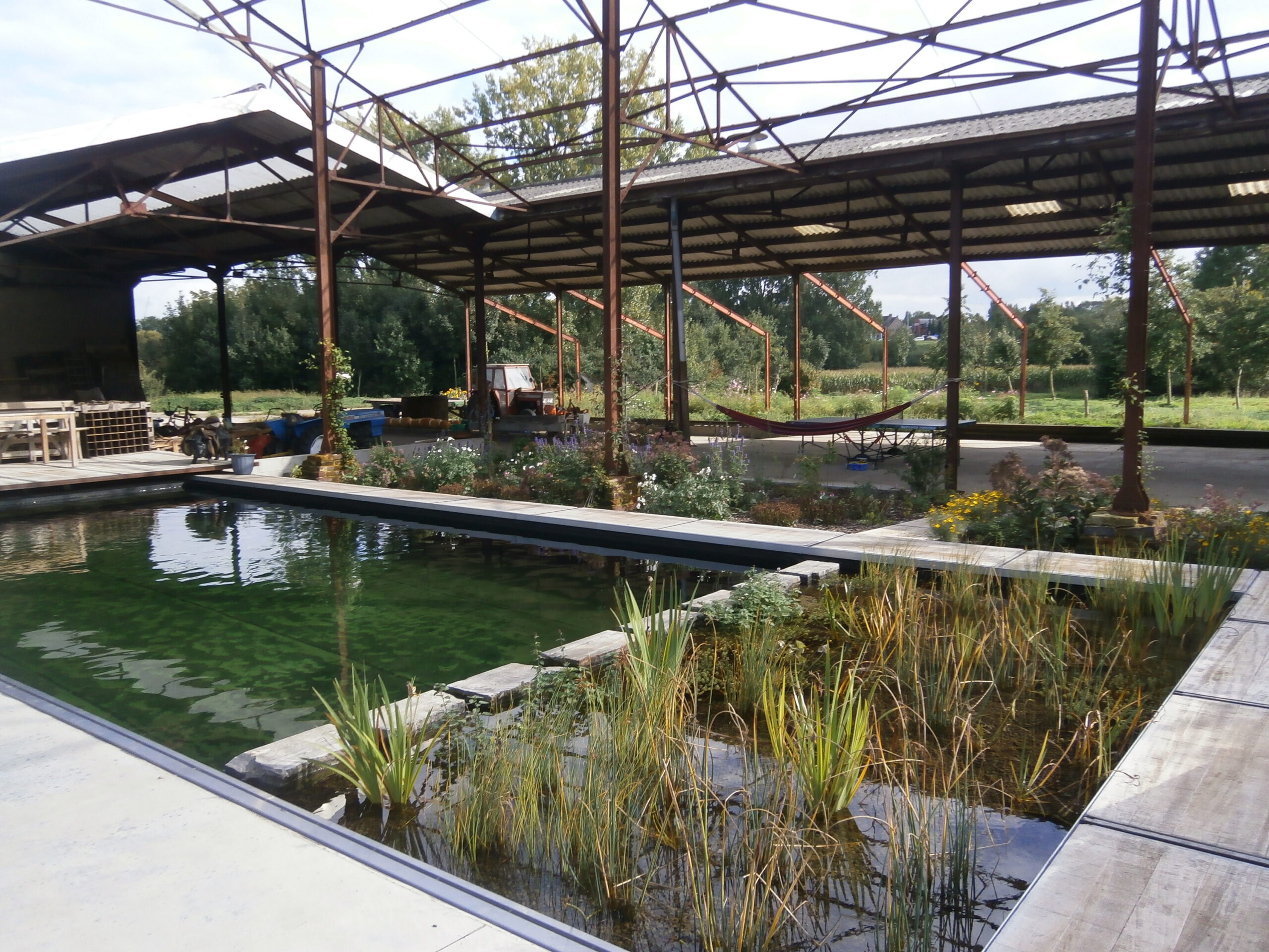 Zwemvijver en deels overdekte hangaar